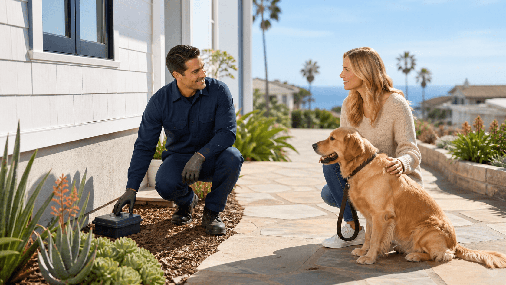 Sunlit coastal home garden with a child, dog, and pest control technician near flowering shrubs.