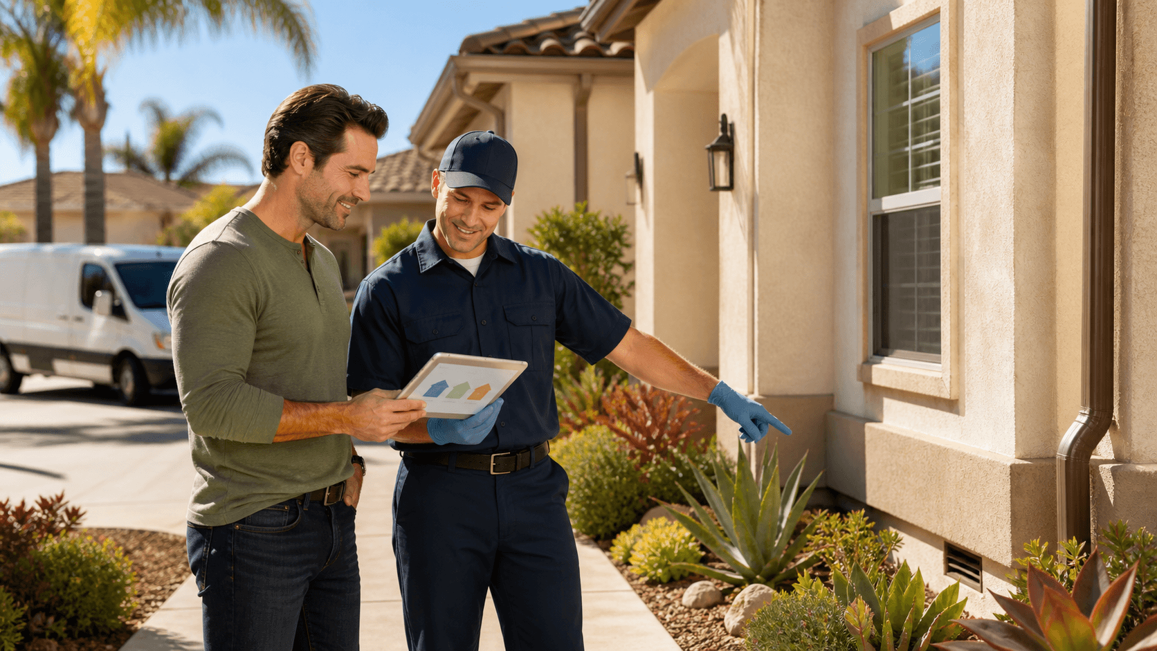 Orange County home exterior with green lawn, pest control technician, and bright blue sky.