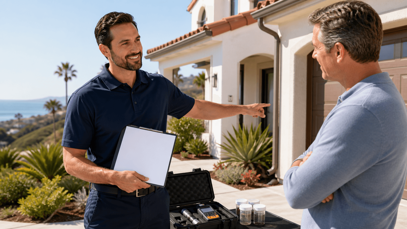 Pest inspector in a white uniform examining a home exterior with a clipboard in warm California sunlight.