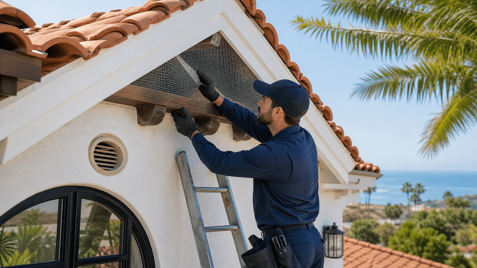 Technician in protective gear inspects attic roof beams with a flashlight beside sealed vents.