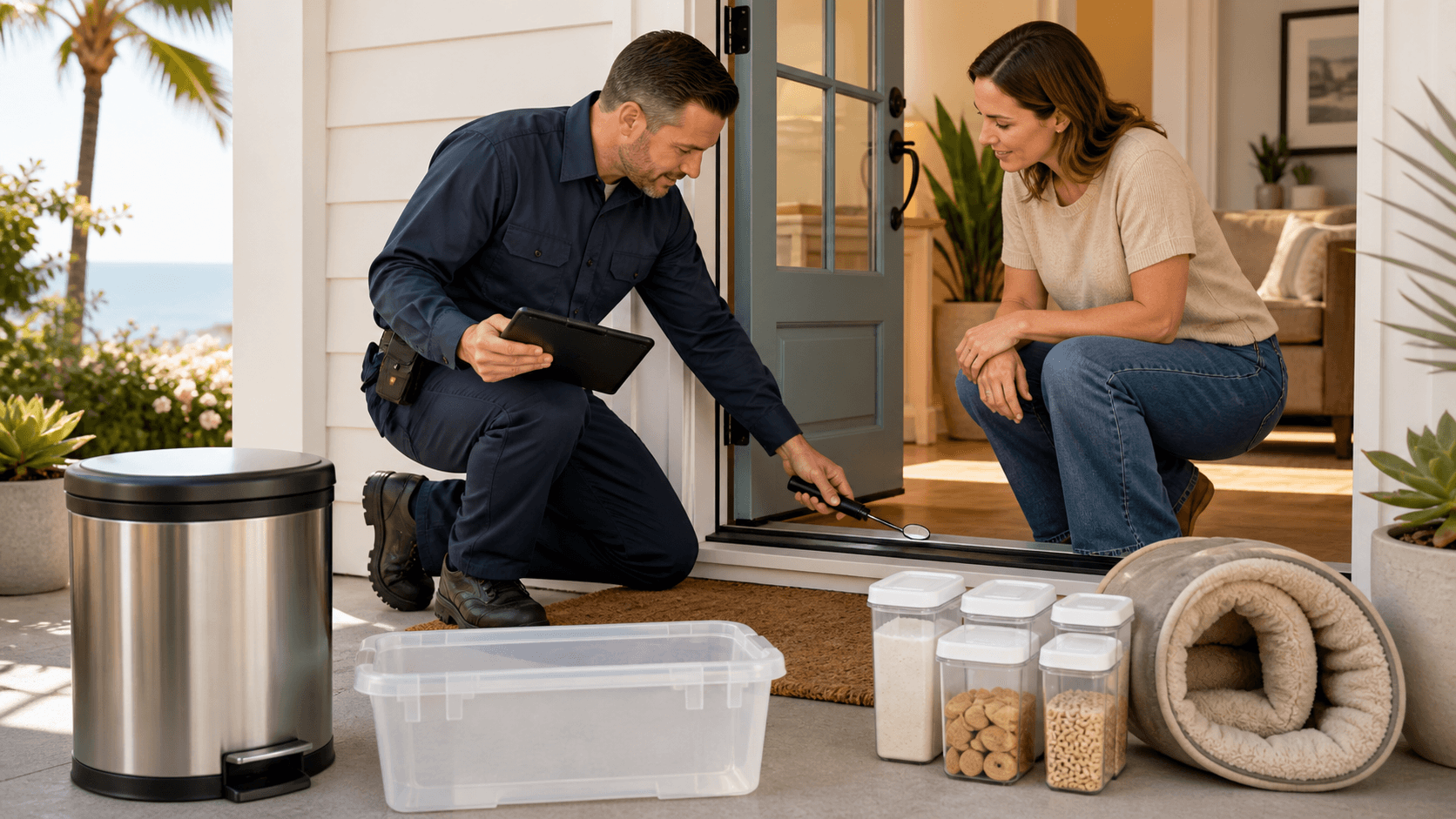 Sunlit suburban house exterior with an inspector in a safety vest checking the foundation and taking notes.